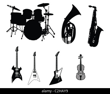 Set of different stringed, wind and percussion instruments  Stock Photo