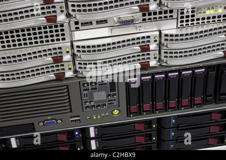 servers stack with hard drives in a datacenter for backup and data storage Stock Photo