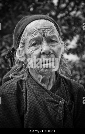 Old Nepalese Woman from the Annapurna Sanctuary Stock Photo