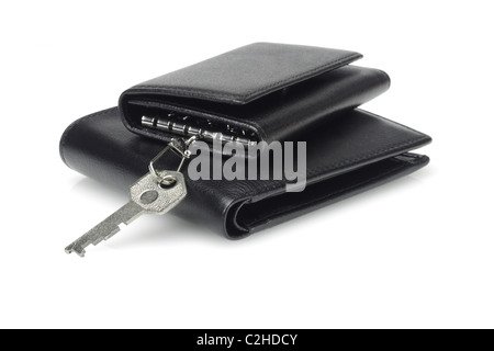 Black leather key case and wallet on white background Stock Photo