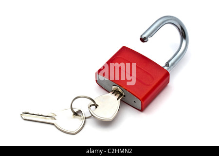 Red padlock and key closeup on white background Stock Photo