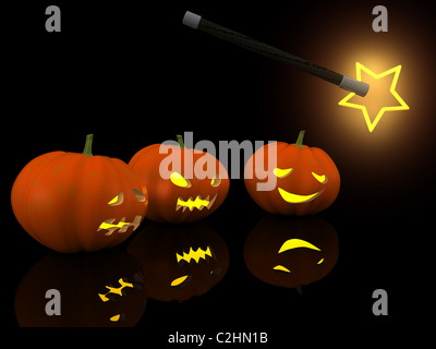 three halloween pumpkins with magic wand. 3d Stock Photo