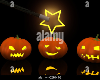 three halloween pumpkins with magic wand. 3d Stock Photo