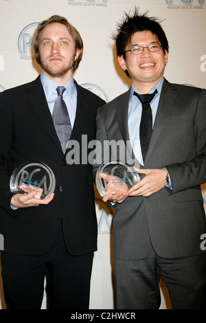 YouTube founders Chad Hurley and Steve Chen pose with their Vanguard Award 2008 Producers Guild Awards - Pressroom - held at Stock Photo