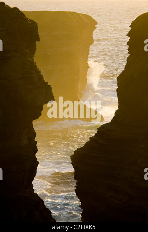 Sunset illuminates a chasm in the atlantic cliffs near Loop Head, County Clare, Ireland. Stock Photo