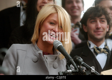 Paris Hilton receiving Harvard Lampoon's 'Woman of the Year' Award outside the Lampoon 'Castle' Cambridge, Massachusetts - Stock Photo