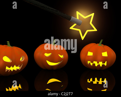 three halloween pumpkins with magic wand. 3d Stock Photo