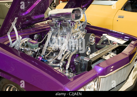 Massive supercharged V8 engine in an Australian show car. Stock Photo