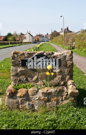 Buxton village sign East Yorks on approach from Bridlington Stock Photo