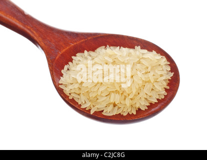 white rice in wooden spoon isolated on white background Stock Photo