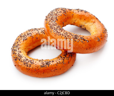 two bagels with poppy seeds isolated on white background Stock Photo