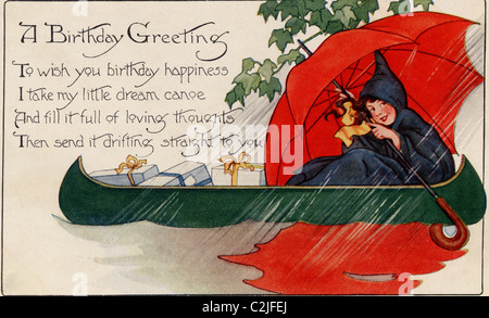 Birthday Greeting card from a girl with Red umbrella Stock Photo