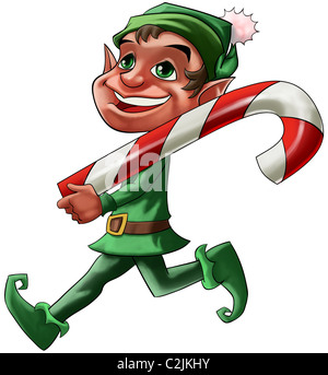 smiling Christmas elf walking with a big candy Stock Photo