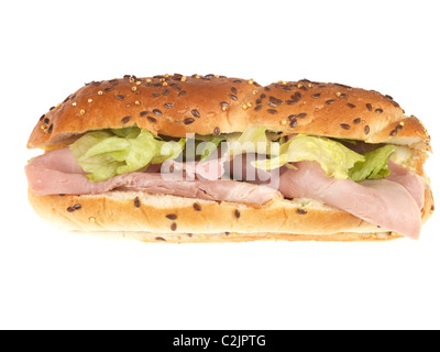 Fresh Healthy Ham And Salad White Seeded Bread Roll Against A White Background With No People And A Clipping Path Stock Photo