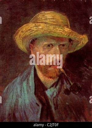 Self Portrait of  Vincent Van Gogh with Straw Hat and Pipe Stock Photo