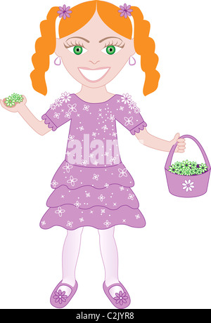 Vector of cute little girl with Flowers and Basket. Stock Photo
