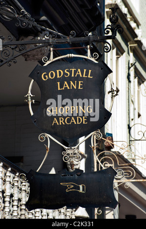 CHESTER, CHESHIRE, UK - APRIL 10, 2011:  Shop Sign in Chester, Cheshire England for Godstall Lane Arcade Stock Photo