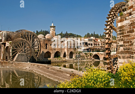 Hama Water Mill Noria 20 meter high Syria Orontes River build in Ottoman Mamluk times Greeks Romans invented the water wheel Stock Photo