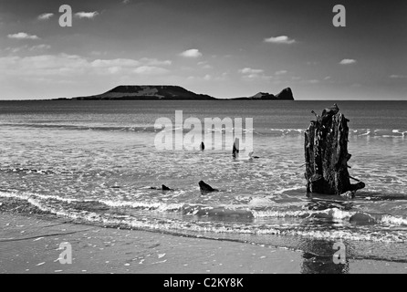 Helvetia Wreck and Worms Head, Rhossili Bay, Gower, Wales Stock Photo