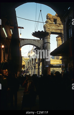 Grand Bazaar Damascus, Hamidieh souk, in central Damascus and Omayyad mosque in background by day. Stock Photo