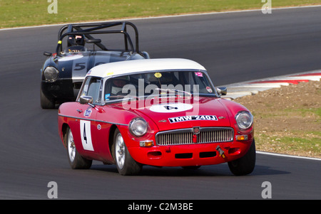 1970 MG B with driver John Leslie during the CSCC Swinging Sixties Series race, Snetterton, Norfolk, UK. Stock Photo