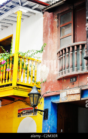 Close up of balconies with a street lamp on the colonial streets of Cartagena, Northern Caribbean coast of Colombia Stock Photo