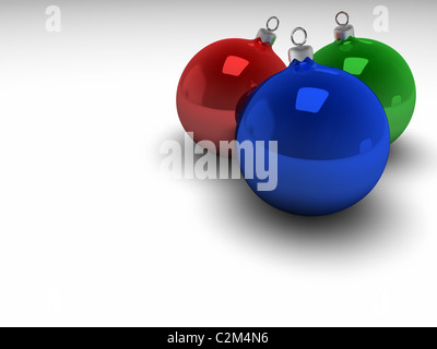 Three colorful christmas bulbs with silver hangers, 3d render Stock Photo
