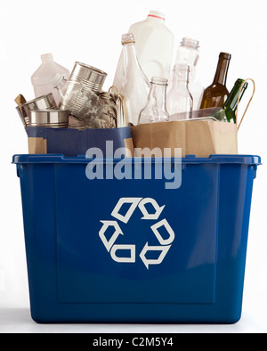 Recycle bin filled with recyclables Stock Photo