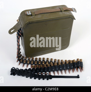 A soviet Russian 7.62mm belt fed ammunition container with a belt of machine gun bullets. Stock Photo