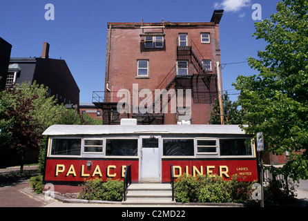 The Palace Diner located in Biddeford, Maine. 1926 Pollard Diner. Red porcelain enamel exterior 'Ladies Invited.' Stock Photo