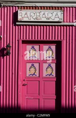 Decorated corrugated iron detail in front of one of the city's famous clubs, Reykjavik, Iceland Stock Photo