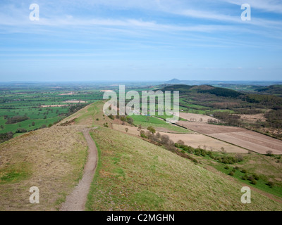 View across the Severn flood plain to the Wrekin. Taken from the summit of the Lawley in the Shropshire Hills AONB Stock Photo