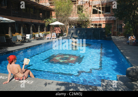 swimming pool at Dwarikas Resort in Kathmandu, Nepal Stock Photo