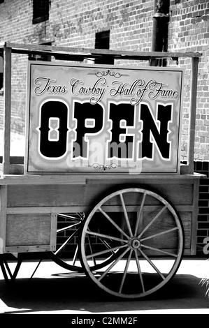 'Open' sign of Cowboy Hall of Fame in Stockyards, Fort Worth, Texas Stock Photo