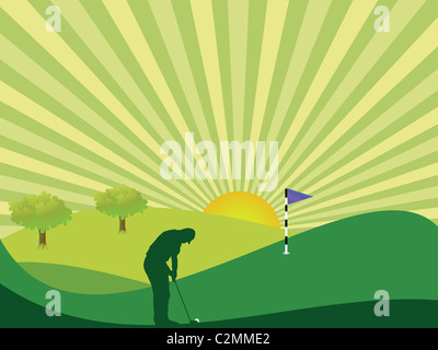 Golfer silhouette in green rolling countryside with bright sun and sunburst sky Stock Photo