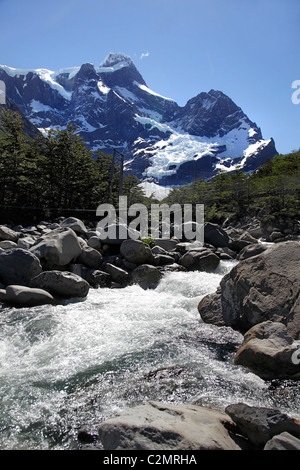 Views of Patagonia, looking up at the suspension bridge in the French Valley, Torres del Paine, Chile, South America. Stock Photo