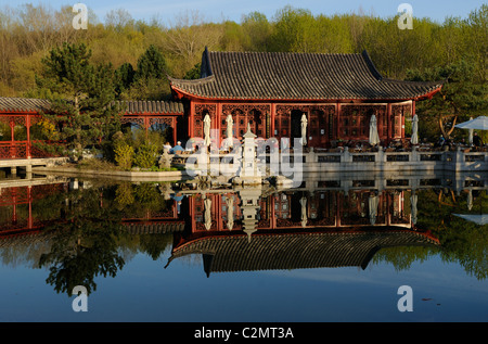 Teahouse in spring, 'Garden of the Regained Moon', Chinese Garden, Gardens of the World, Volkspark Marzahn, Berlin, Germany. Stock Photo