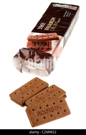 Packet of Tesco bourbon biscuits three spilling onto a white surface Stock Photo