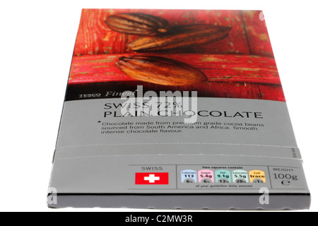 100 gram wrapped block of tesco finest 72% Swiss plain chocolate Stock Photo