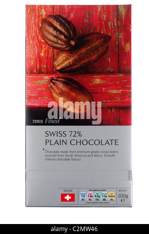 100 gram wrapped block of tesco finest 72% Swiss plain chocolate Stock Photo