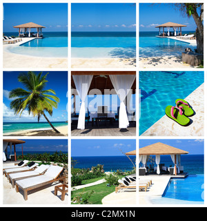 Collage with luxury swimming pool and summerhouse Stock Photo