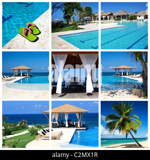 Collage with luxury swimming pool and summerhouse Stock Photo