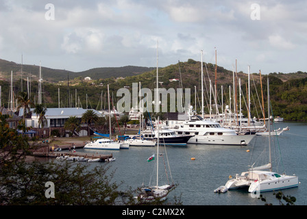 yachts at anchor stern to nelson's dockyard in antigua & barbuda Stock Photo