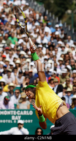 Rafael Nadal made history as he claimed his seventh successive Monte Carlo Masters title with a 6-4 7-5 victory over David Ferre Stock Photo