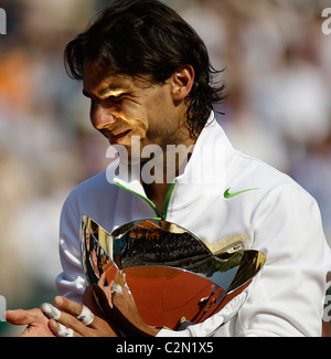 Rafael Nadal made history as he claimed his seventh successive Monte Carlo Masters title with a 6-4 7-5 victory over David Ferre Stock Photo