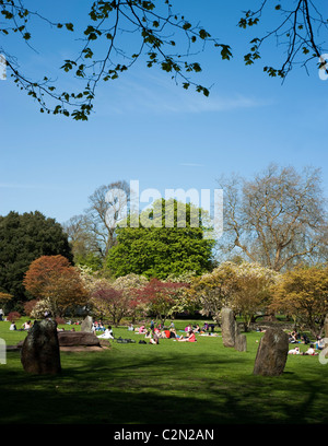 People relaxing in Cardiff's Bute Park on a sunny spring day near the Gorsedd Stone Circle, South Wales, United Kingdom Stock Photo