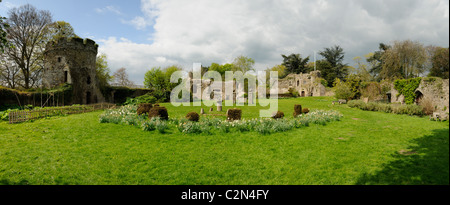 A panoramic image of the grounds inside Usk Castle  in South Wales. Stock Photo