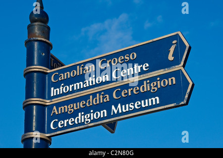 Close up of Welsh and English language tourist information sign signs signpost Aberystwyth Ceredigion Cardiganshire Wales UK United Kingdom Britain Stock Photo