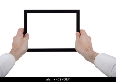 male hands holding a touchpad pc, isolated on white Stock Photo