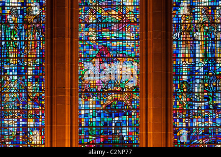 Detail of stained glass in West Window, Liverpool Cathedral, The Anglican Cathedral in Liverpool, Merseyside, England, UK Stock Photo